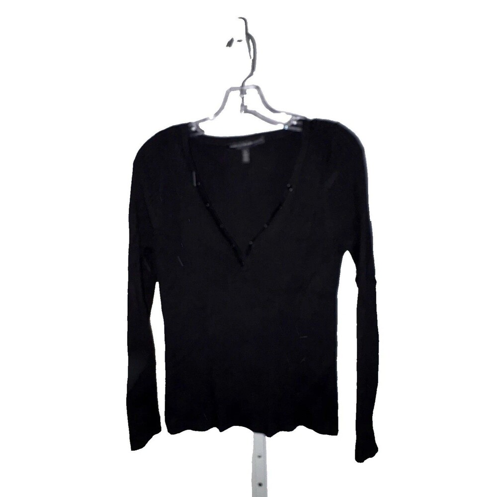 White House Black Market Black Ribbed Knit Henley Top Size Large Snap Plunge
